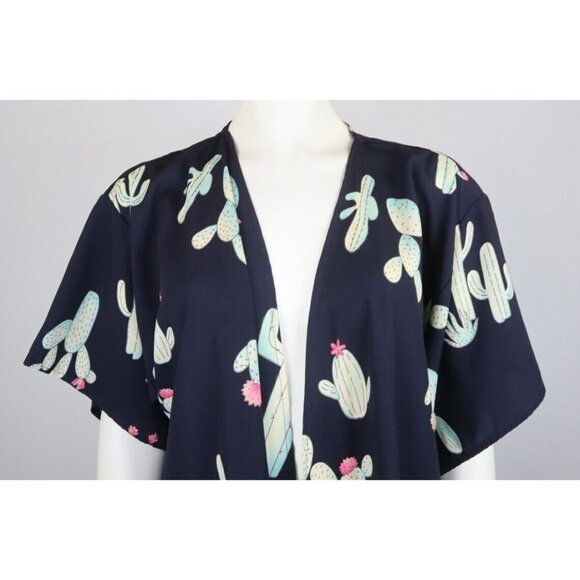FILLY FLAIR - WOMEN'S BLUE CACTUS PRINT SILKY TEXTURED DUSTER TOP  - SIZE S - Picture 4 of 8